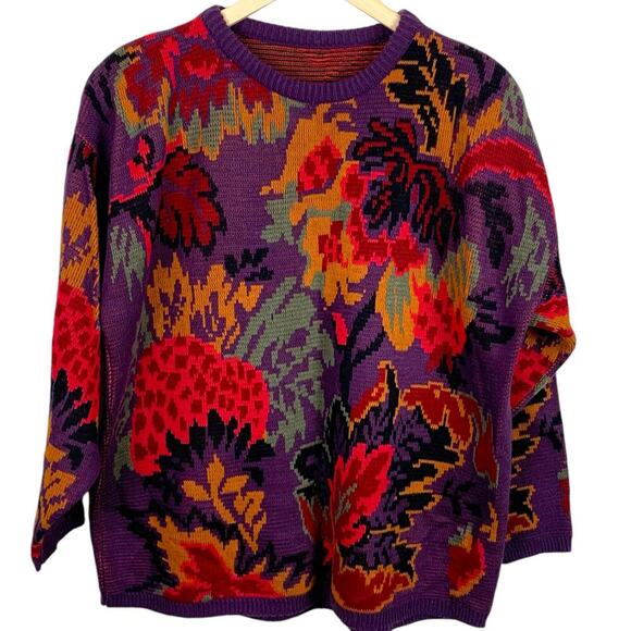 Vintage 80s Y2K Women's Sweater Purple Red Gold Floral Crew Neck - Picture 1 of 7